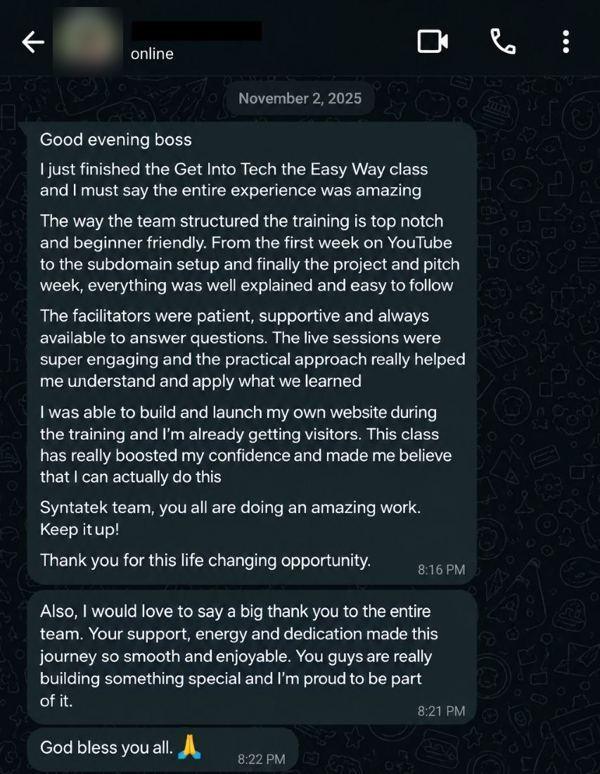 WhatsApp message from a student saying they built and launched their own website and are already getting visitors