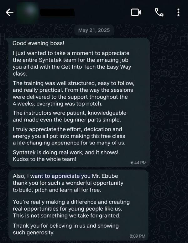 WhatsApp message from a student thanking Ebube for the opportunity to build, pitch and learn for free