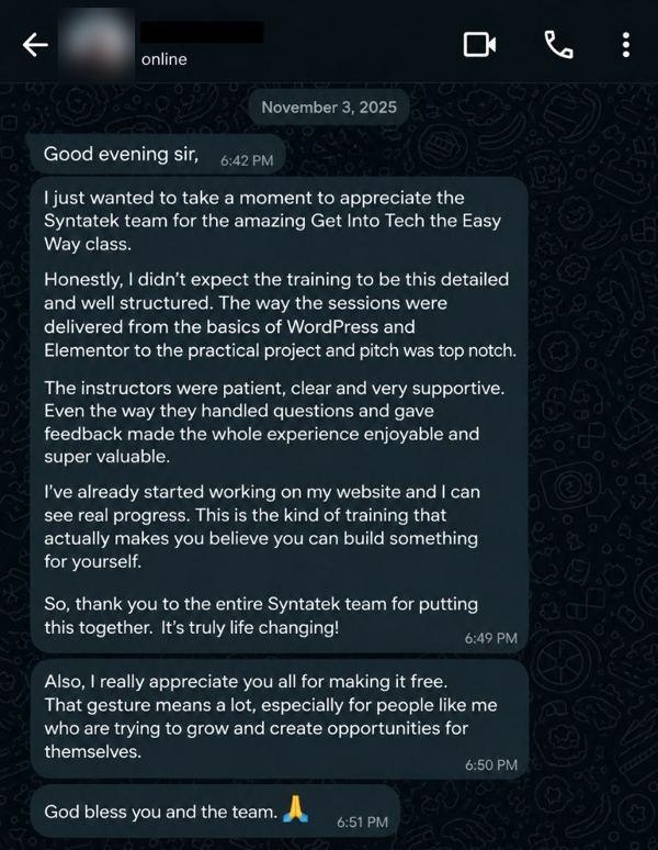 WhatsApp message from a student saying the training made them believe they can build something for themselves